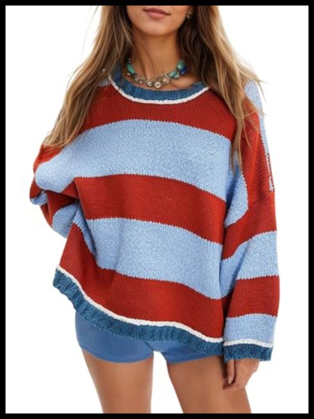 Oversized Striped Chunky Knit Crewneck Pullover Sweater - Picture 1 of 6